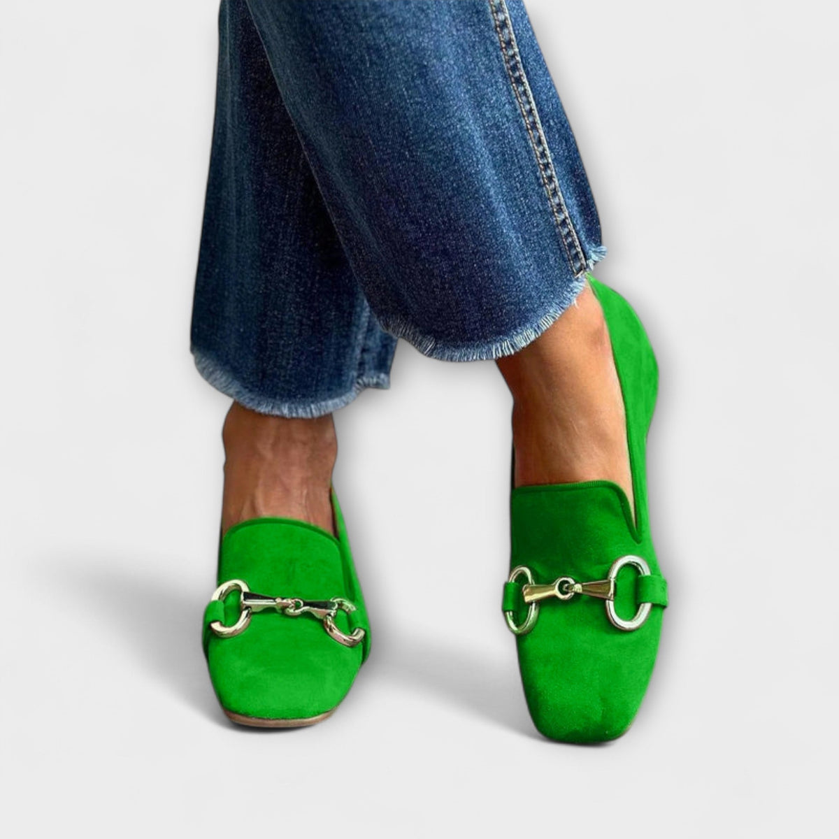 Green suede square-toe loafers with metal chain and buckle strap