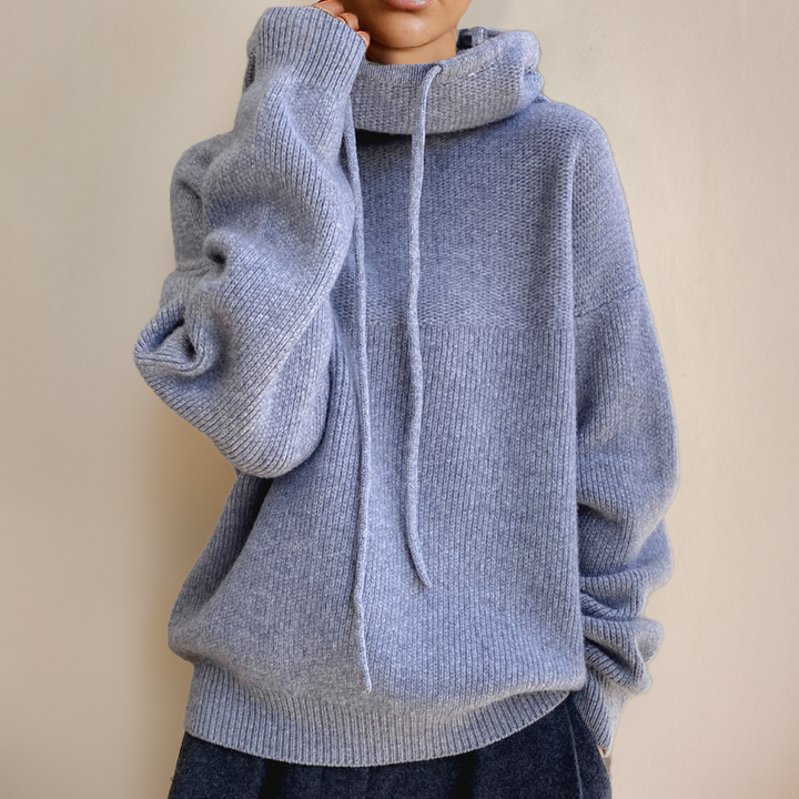 Light blue winter hoodie with hood and drawstring ties, ribbed cuffs and hem