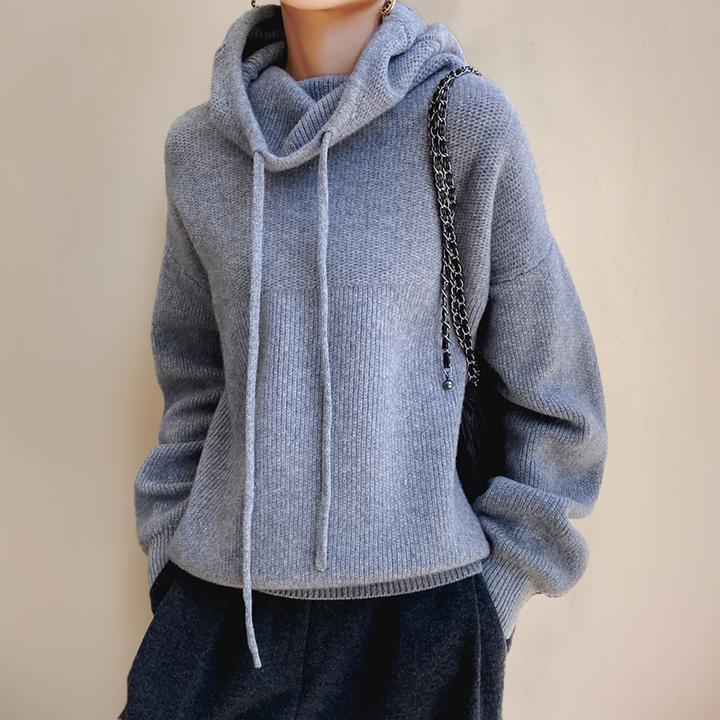 Light blue winter hoodie with hood and drawstring ties, ribbed cuffs and hem