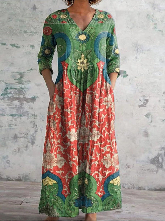 Vintage floral print dress, green and red, V-neck with 3/4 sleeves, gathered skirt