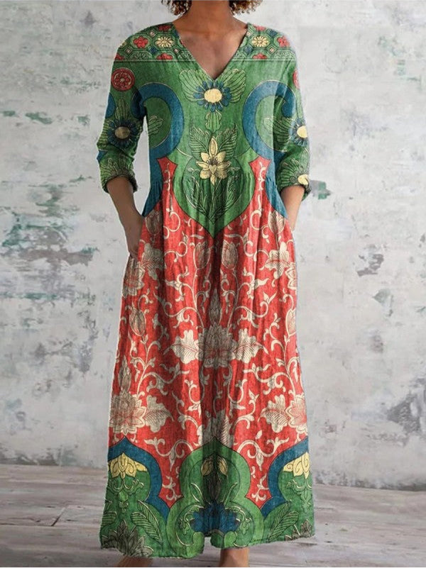 Vintage floral print dress, green and red, V-neck with 3/4 sleeves, gathered skirt