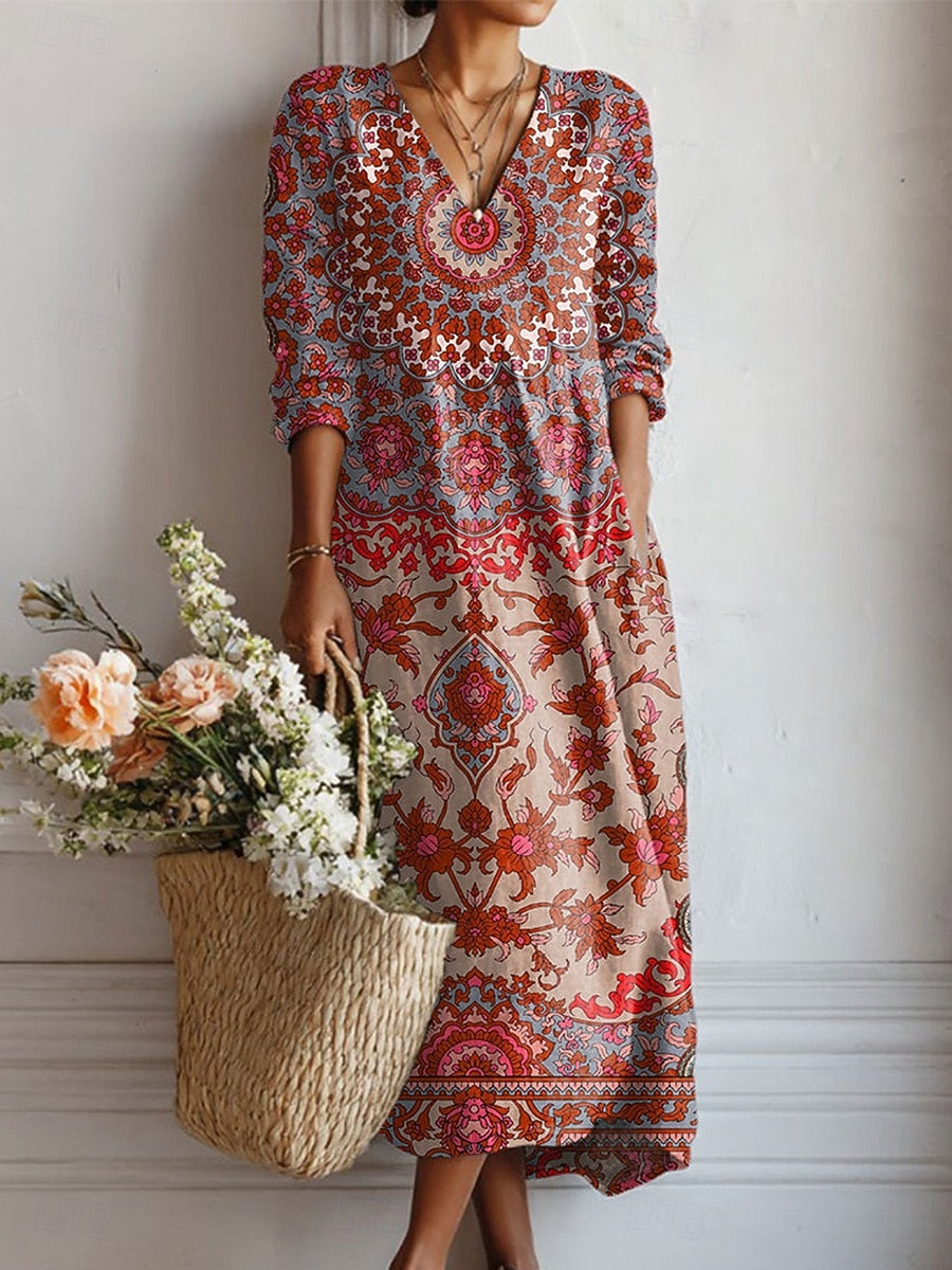 Everyday comfort dress, red and cream floral print with V-neck and gathered waist
