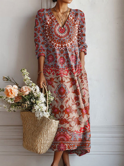 Everyday comfort dress, red and cream floral print with V-neck and gathered waist