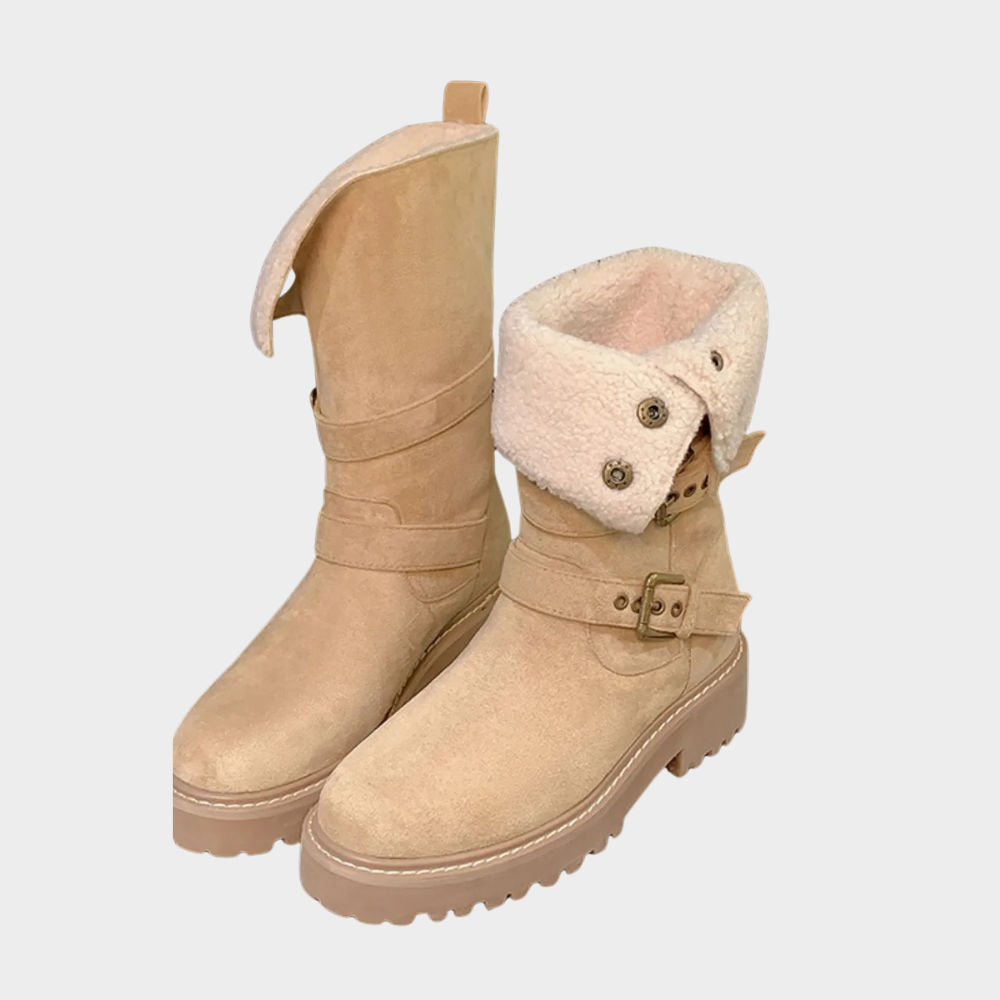 Khaki suede winter boots with sherpa-lined collar, buckle strap, and rugged sole