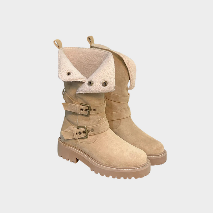Khaki high winter boots with sherpa cuff, front buckles, and chunky lug sole