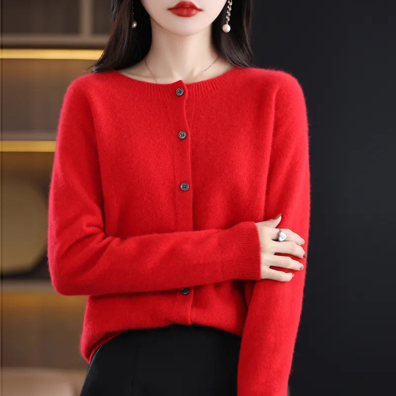 Red soft button-up cardigan sweater with front button placket and long sleeves