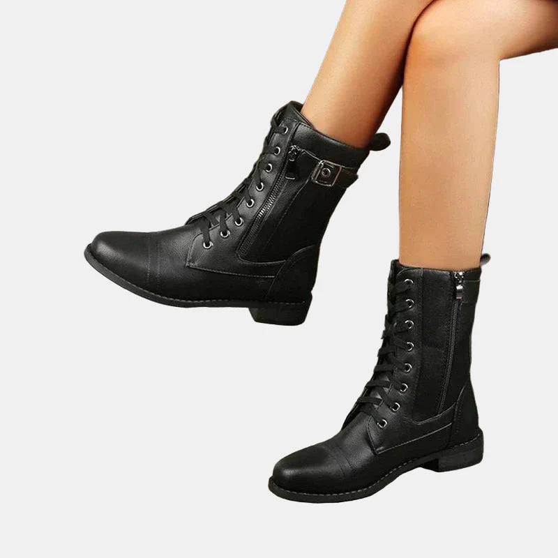 Black round-toe lace-up fall boot with side zipper and short block heel