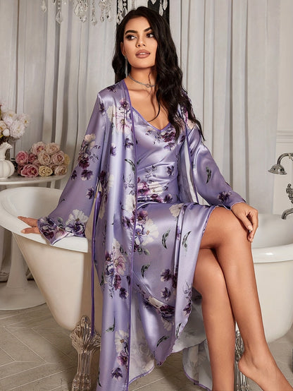 Women’s lilac satin floral nightwear set, long open robe over V-neck slip