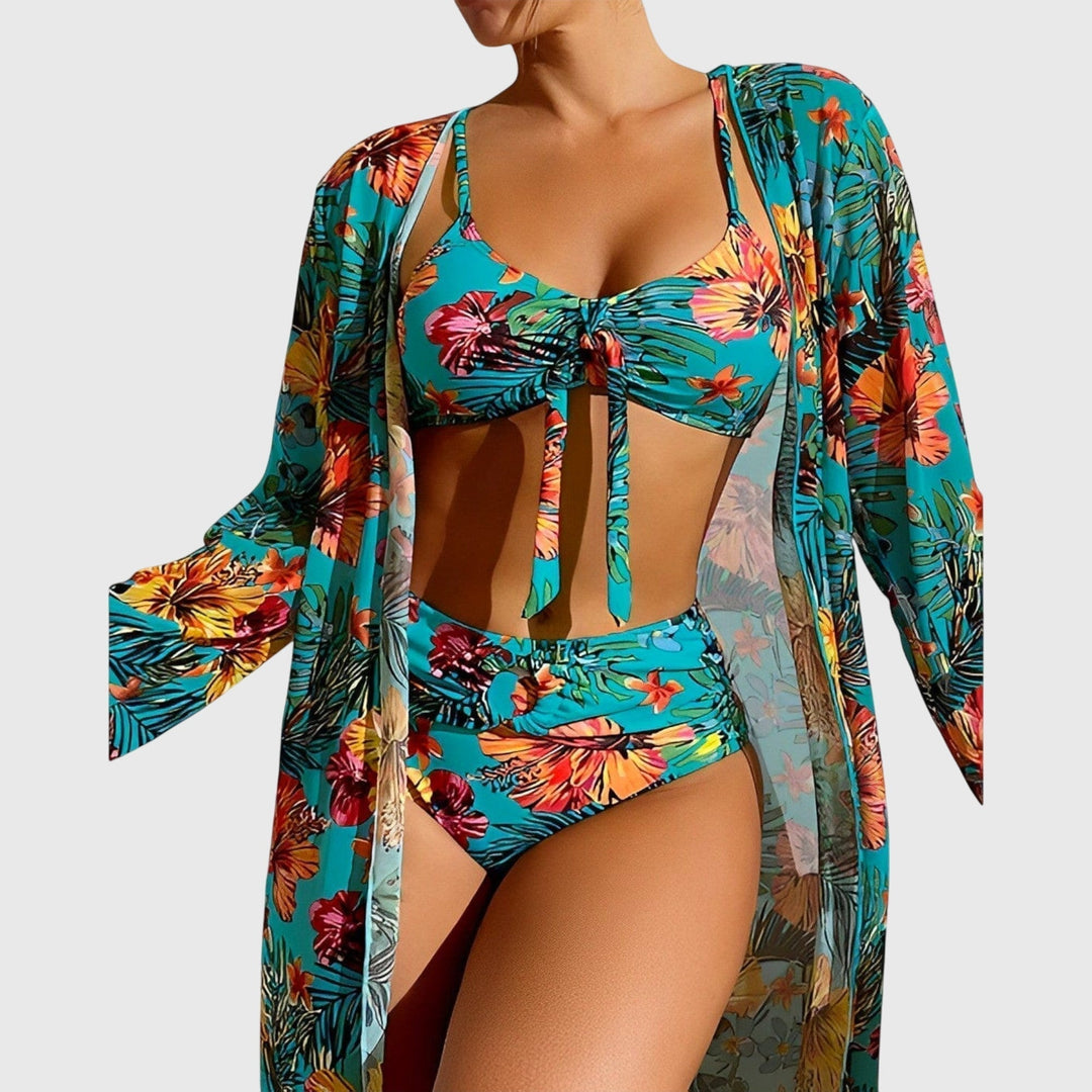 Teal floral bikini set with tie-front top, high-waist bottoms, sheer long kimono cover-up