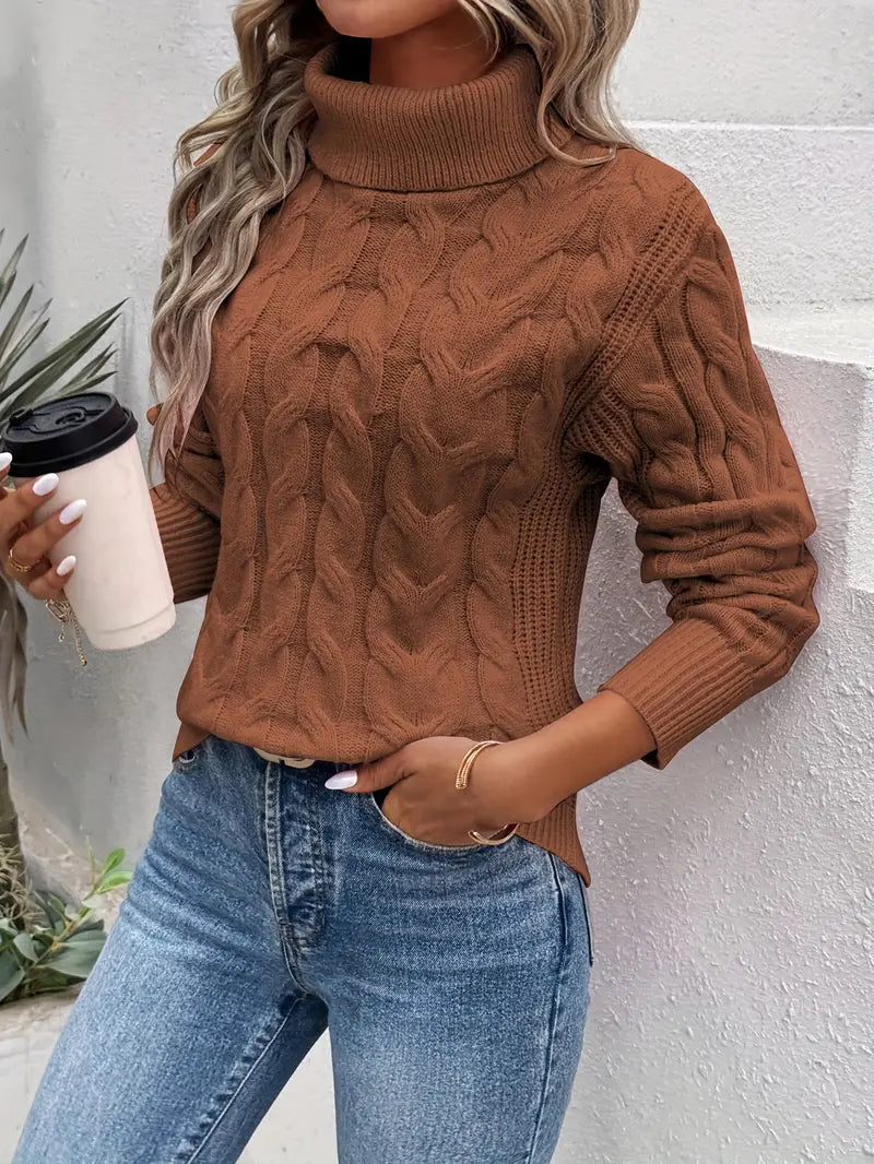 Rust-brown cable knit turtleneck sweater with long sleeves