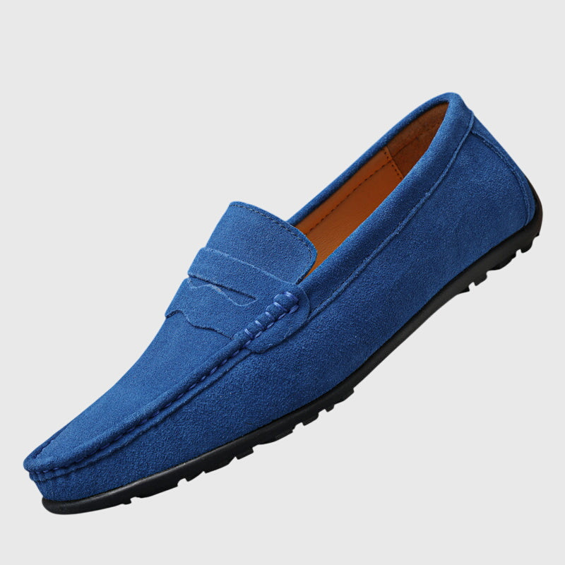 Blue suede orthopaedic loafer with slip-on penny strap and stitched moccasin edge