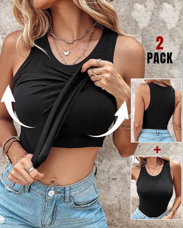 Black built-in bra tank top, scoop neck and ribbed sleeveless knit