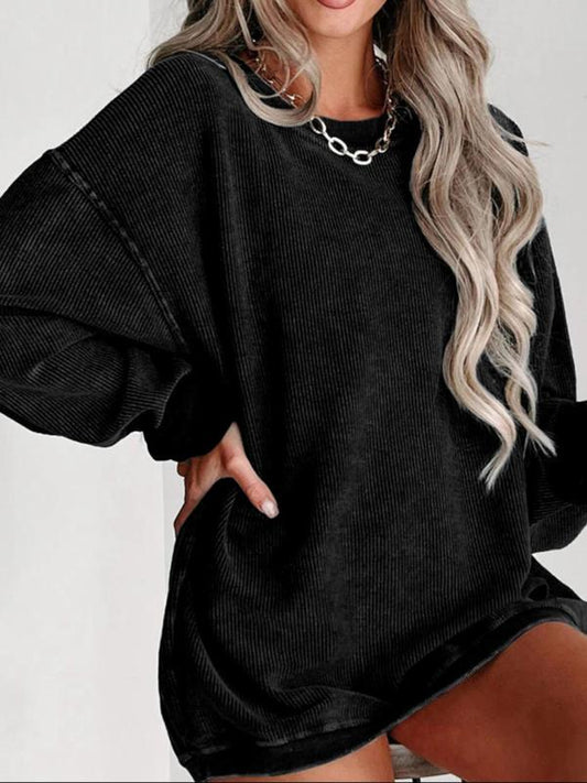 Drop-shoulder pullover sweatshirt, black corduroy texture, crew neck, long sleeves