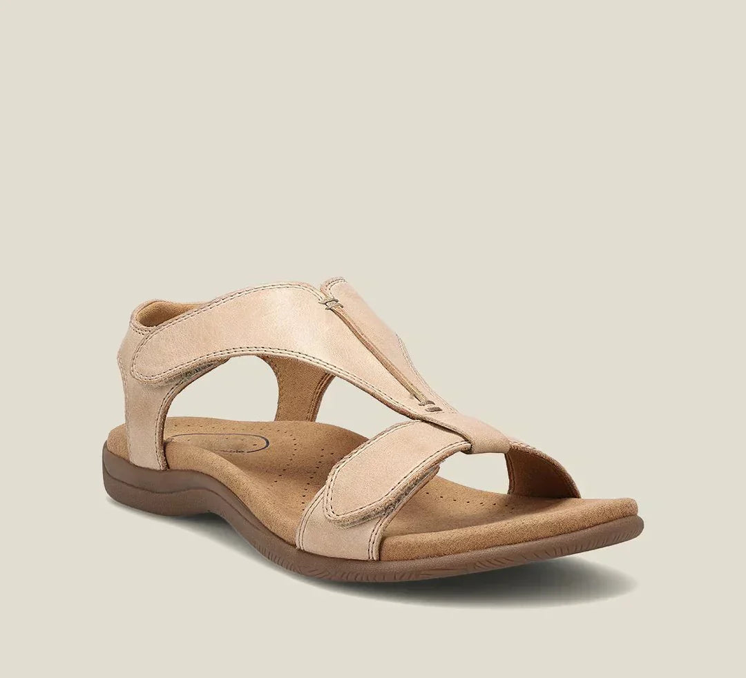 Beige orthopedic sandals with open toe and two straps