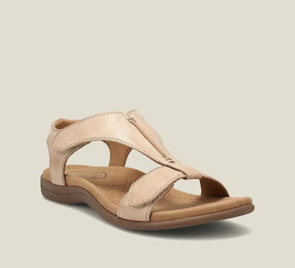 Beige orthopedic sandals with open toe and two straps