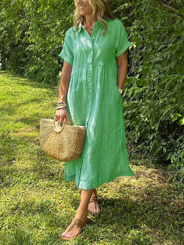 Green striped button-up dress with short sleeves and gathered waist.