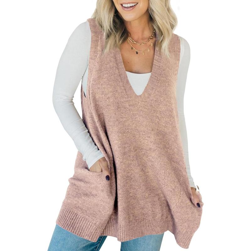 Muted pink knit sleeveless tunic vest with V-neck and side pockets, hip-length hem