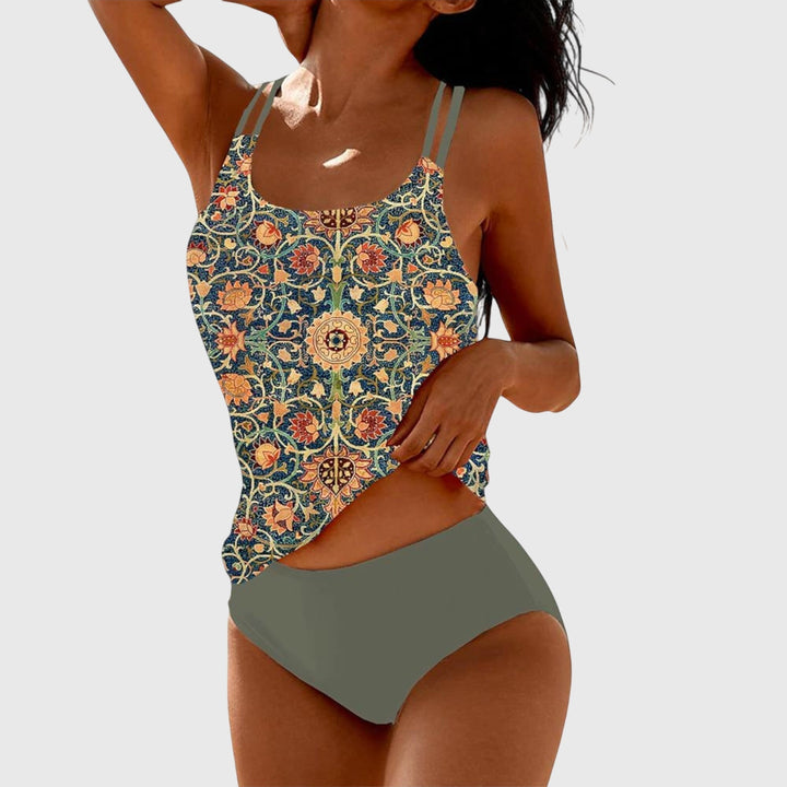 Patterned tank-style swimwear set with solid olive brief bottom and thin straps