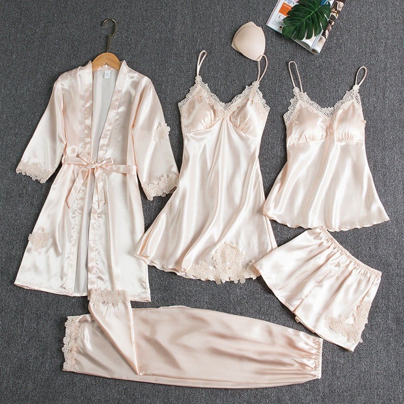 Champagne satin silk 5-piece nightwear set with lace-trim robe, camisole, and shorts