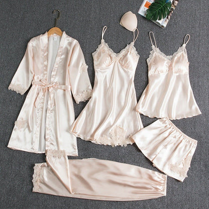 Champagne satin silk 5-piece nightwear set with lace-trim robe, camisole, and shorts