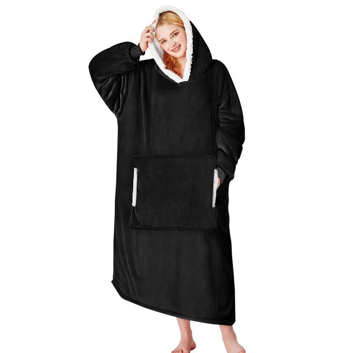 Black wearable blanket hoodie with sherpa-lined hood and front pocket pouch