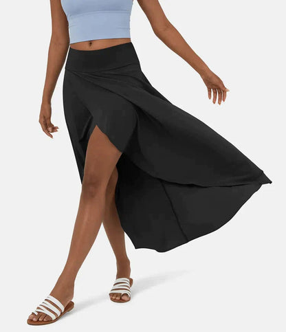 AMELIE asymmetric midi skirt in black with high waist and layered high-low hem