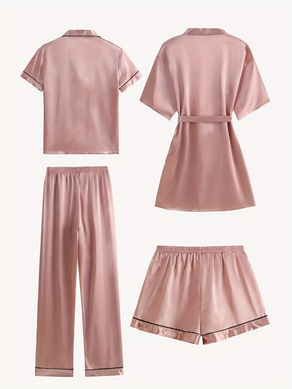 Light pink satin pajama set with mid-sleeve button top, belt-tied robe, and elastic pants