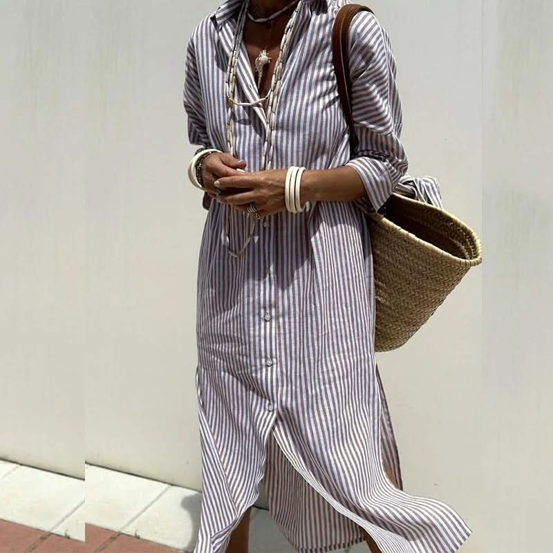 Gray striped button-front summer dress with long sleeves and long side slit