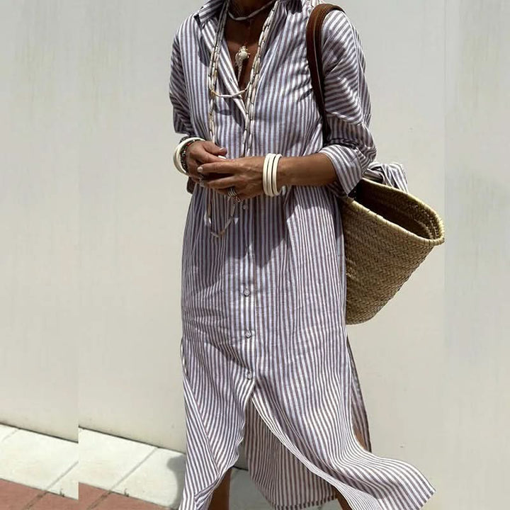 Gray striped button-front summer dress with long sleeves and long side slit