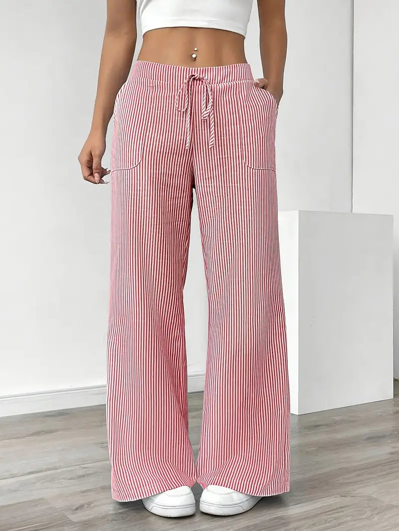 Pink striped wide-leg pants with drawstring elastic waist and side pockets