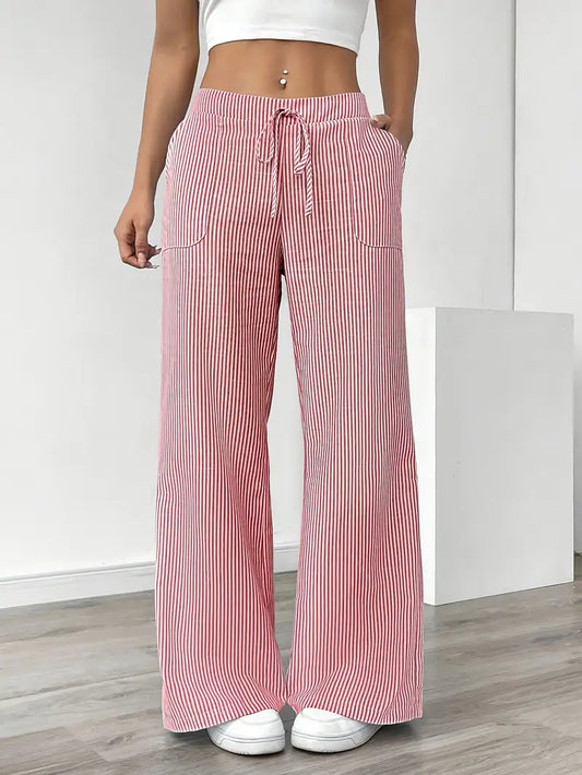 Pink striped wide-leg pants with drawstring elastic waist and side pockets