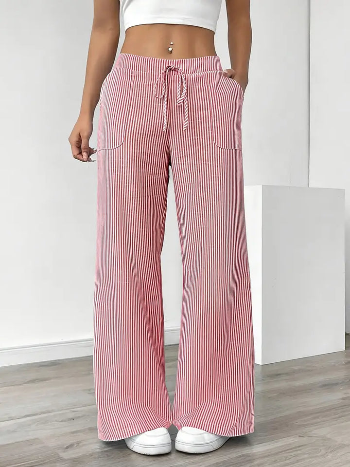 Pink striped wide-leg pants with drawstring elastic waist and side pockets
