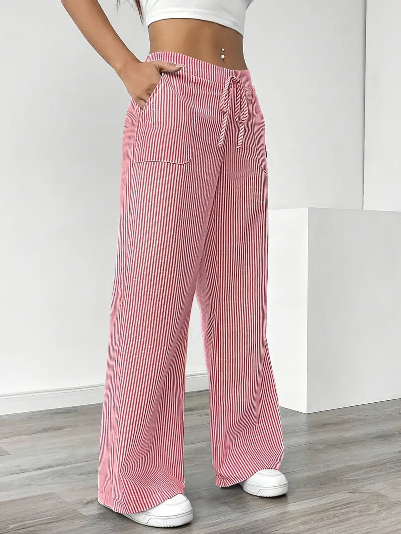 Pink striped wide-leg pants with drawstring elastic waist and side pockets