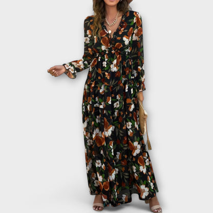 Floral maxi dress with V-neck, long sleeves, gathered waist and tiered flowy skirt