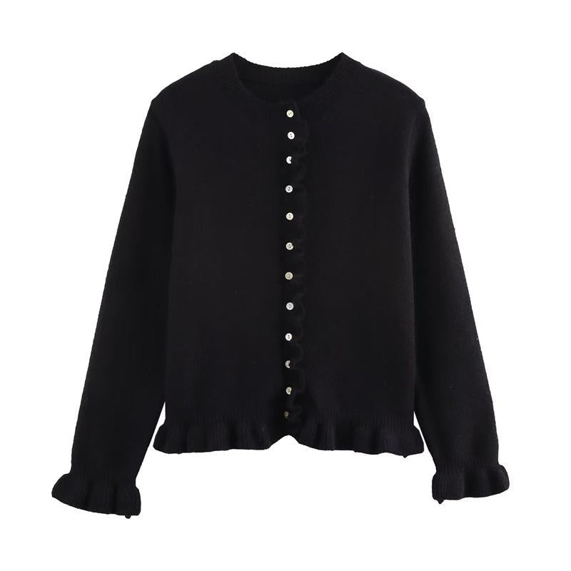 Black button-up cardigan with long sleeves, front button placket, lettuce trim hem