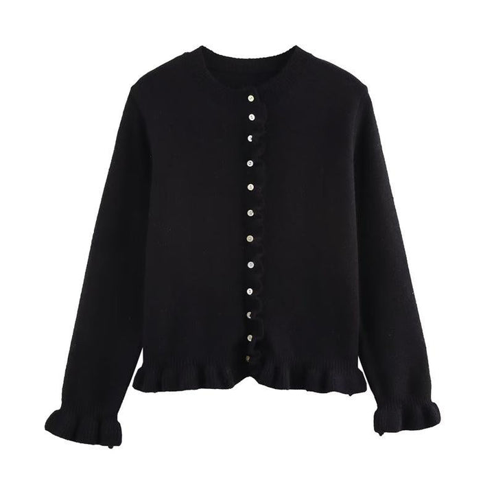 Black button-up cardigan with long sleeves, front button placket, lettuce trim hem
