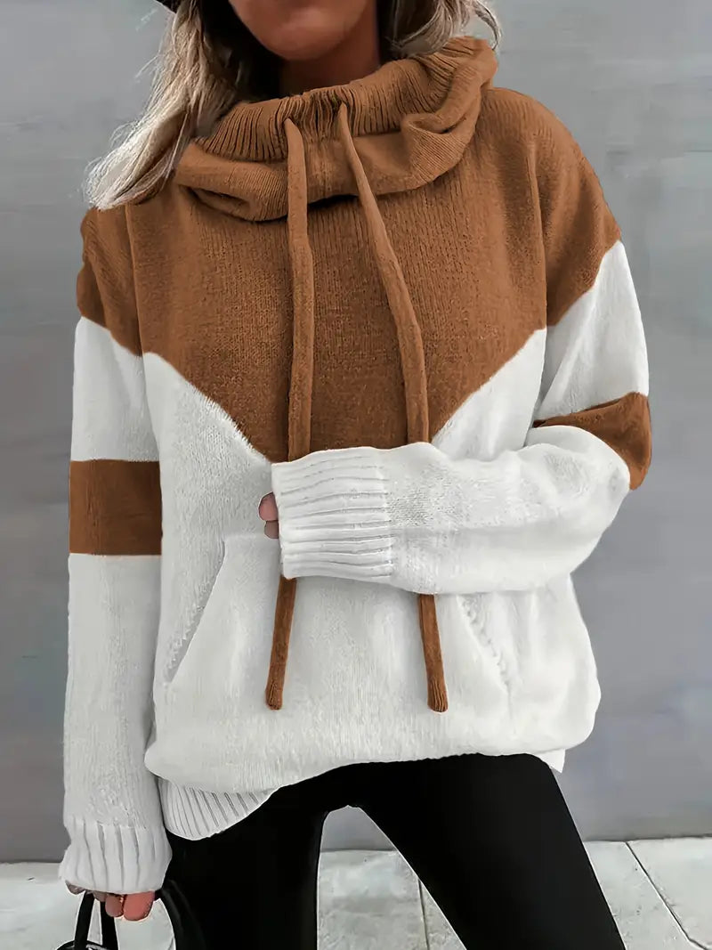 Dual-tone cosy hoodie with hood and drawstring; brown and white colorblock sleeves