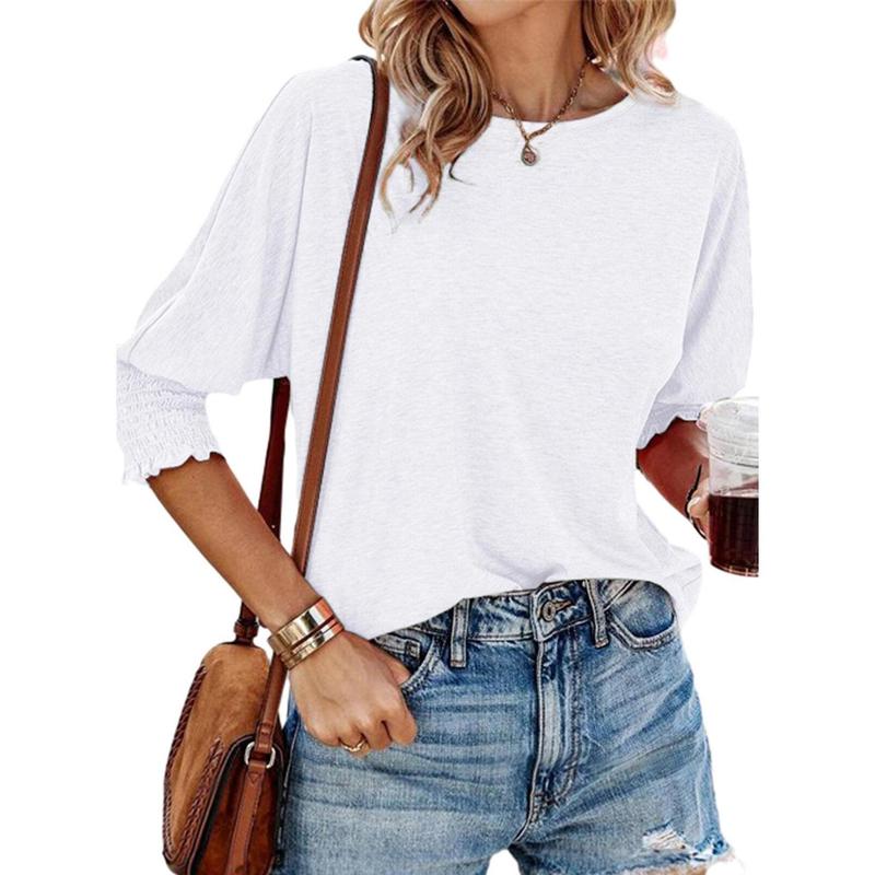 White lightweight short-sleeve blouse with gathered cuffs and relaxed fit