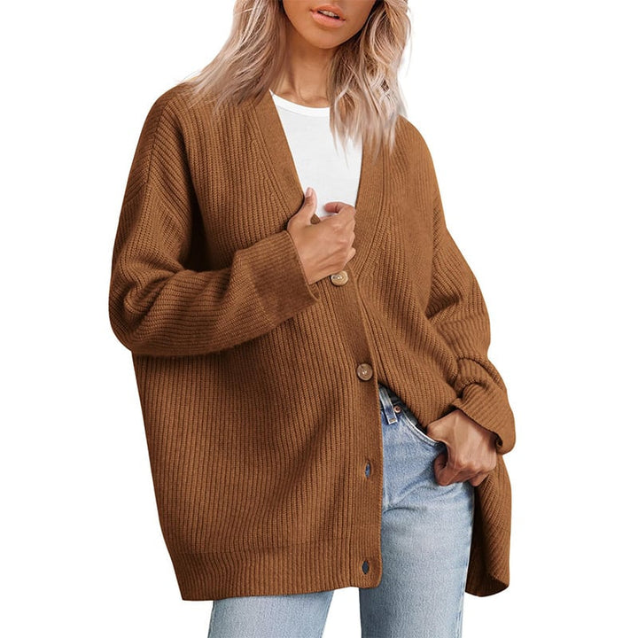 Brown rib-knit cocoon cardigan with button front, long sleeves and V-neck