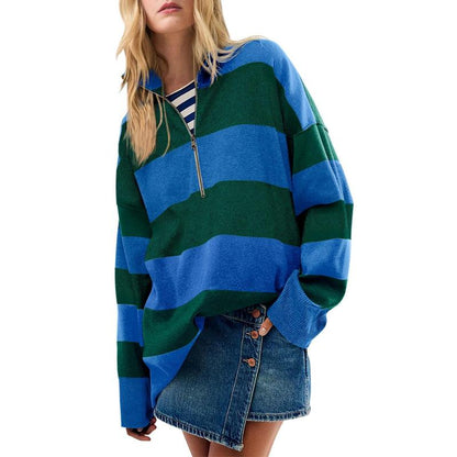Oversized turtleneck sweater with blue-and-green striped half-zip