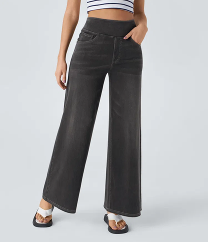Relaxed wide-leg jeans in dark charcoal with front pockets and straight wide legs