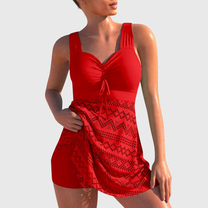 Red two-piece swimsuit with skirt overlay, ruched cups and tie-front neckline