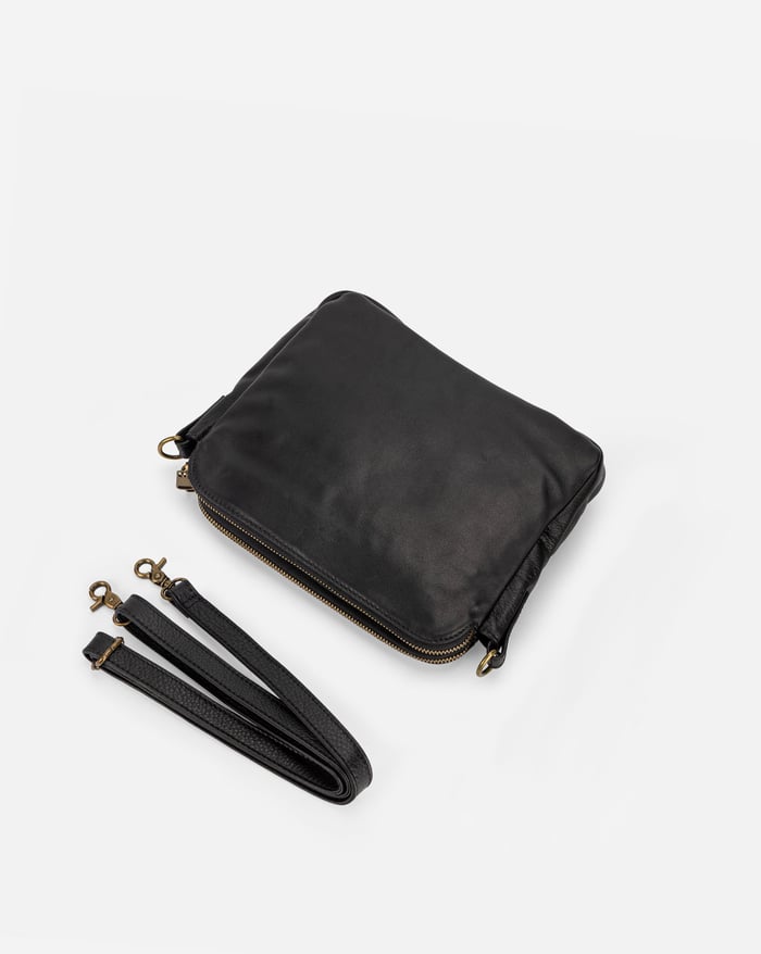Jovie sleek three-layer crossbody bag, dark black with zip closure and short top handles