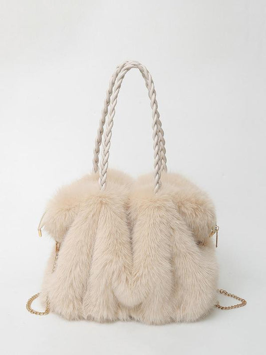 Plush faux-fur shoulder tote with braided rope handles and gold chain strap, cream
