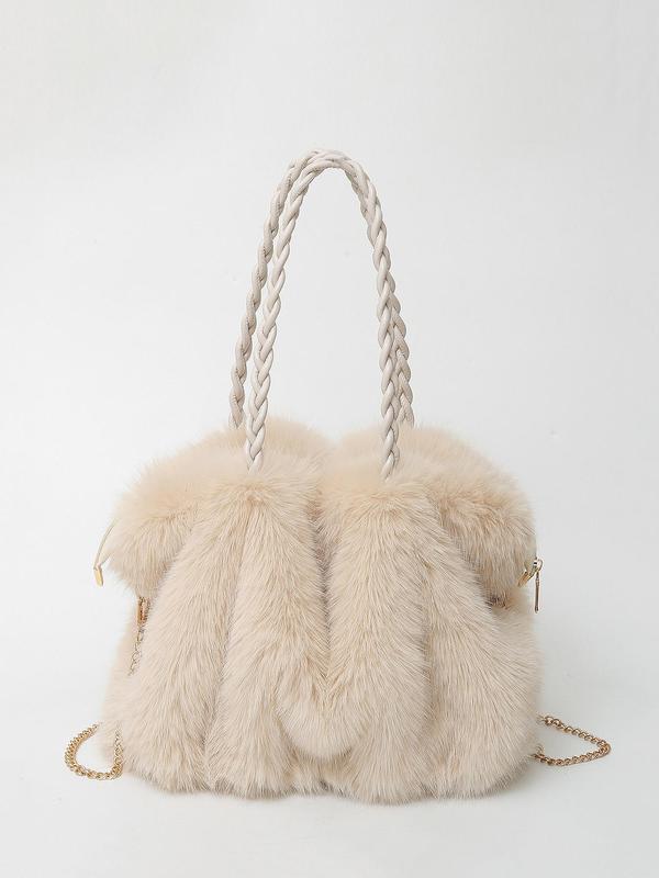 Plush faux-fur shoulder tote with braided rope handles and gold chain strap, cream