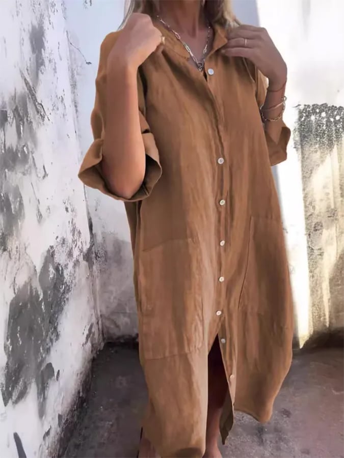 Button-front midi dress, tan with short sleeves and long side slit