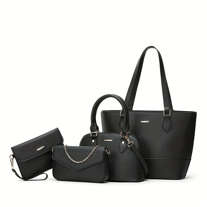 Mother and daughter bag set in black, includes large tote, mini shoulder, crossbody, and matching clutch