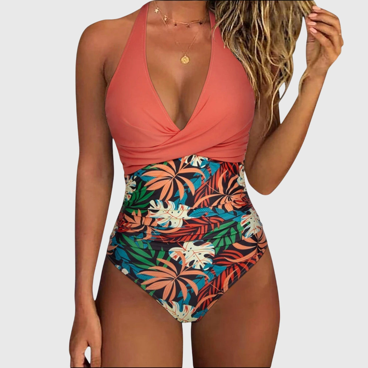 One-piece women's swimsuit, coral V-neck with tropical print high-waist