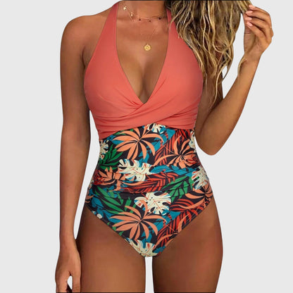 One-piece women's swimsuit, coral V-neck with tropical print high-waist