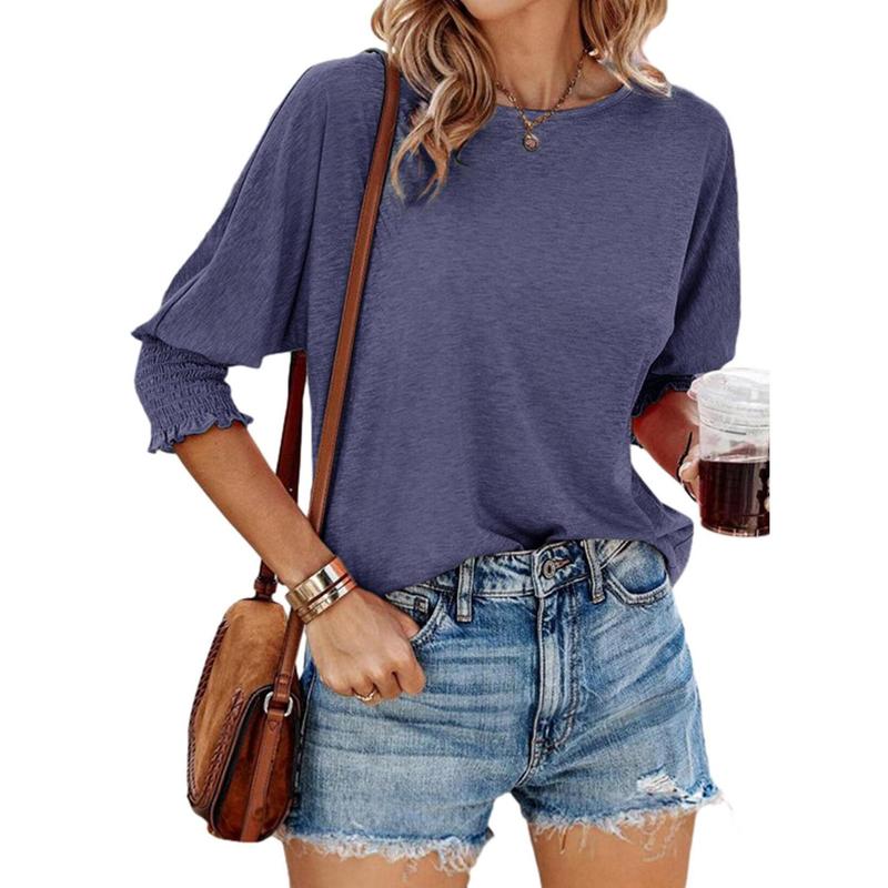 Dark blue lightweight short-sleeve blouse with gathered cuffs and relaxed fit